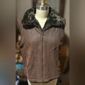 Vintage Dark Brown Faux Suede Vest Faux Fur Lined Zip Front
